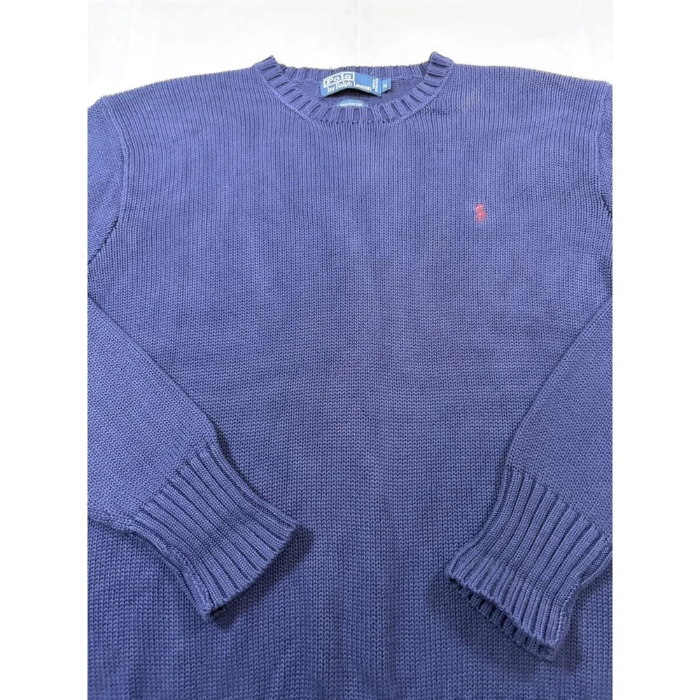 Polo Ralph Lauren Mens Navy Blue Cotton Crewneck Sweater Size M Red Pony Logo